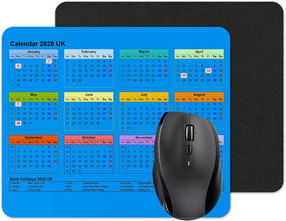 Calendar 2028 Mouse mat pad for UK with Holiday Non Slip PC Desktop Laptop for office school work home (Blue)