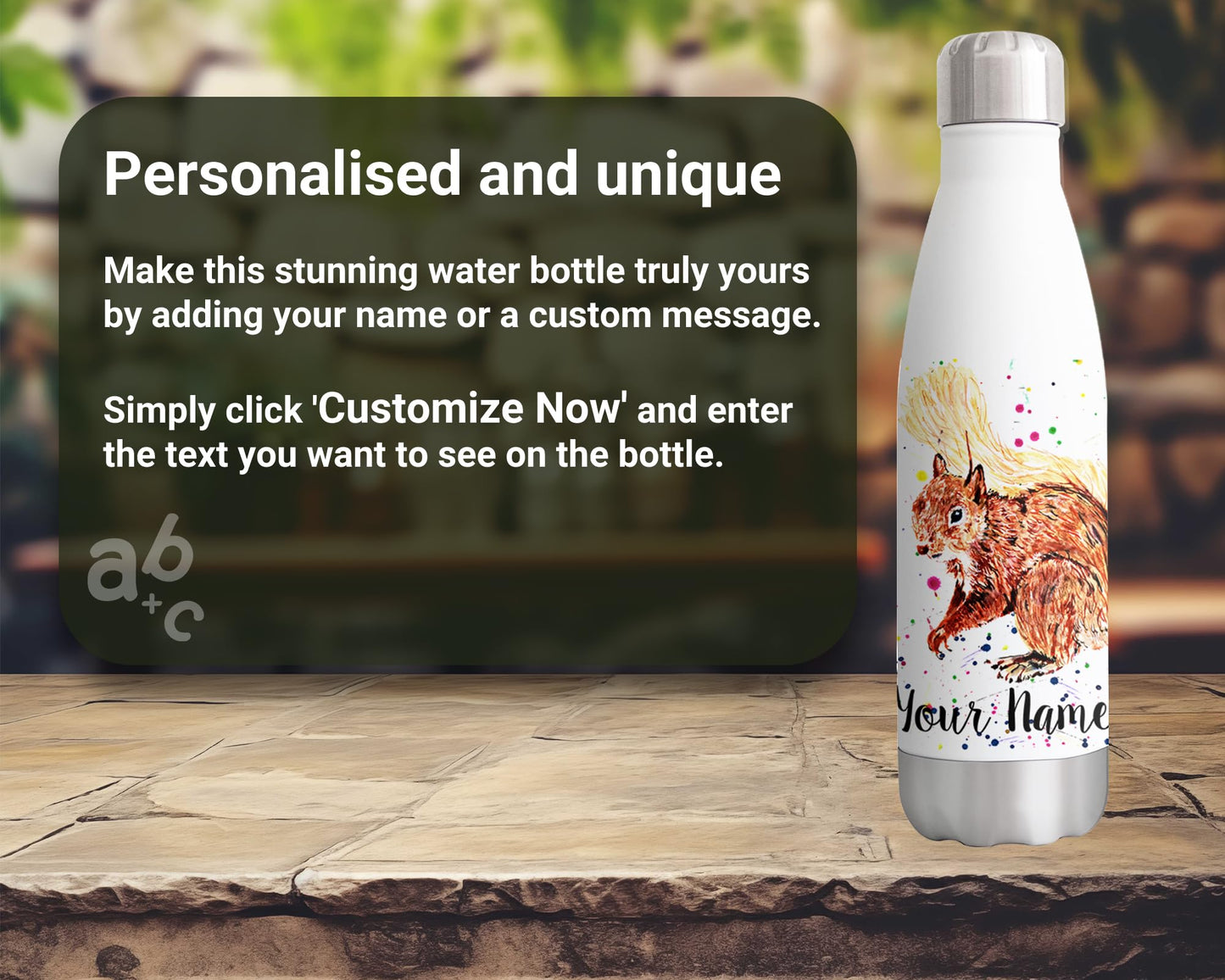 Squirrel Personalised Custom Bottle with Your Text/Name Watercolour Rodent Animals Bottle Double Wall Insulated Stainless Steel Sport Drinks 500ml