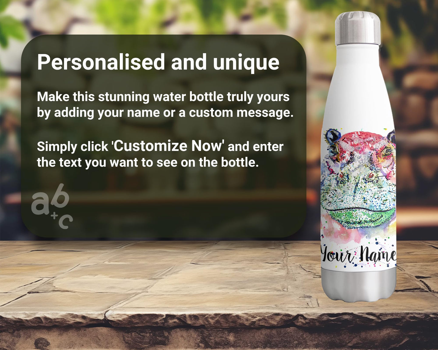 Vixar Hippopotamus Hippo Personalised Custom Bottle with your Text/name Watercolour wild animal Bottle double Wall insulated Stainless steel sport Drinks 500ml