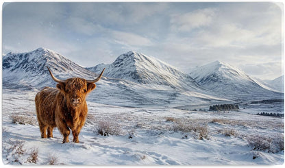 Vixar Highland Cow Snowy Mountains Large Desk Mat – Scottish Winter Fabric Mouse Pad with 3mm Non-Slip Rubber Base, 600 x 350mm (Snowy Mountains Highland Cow)