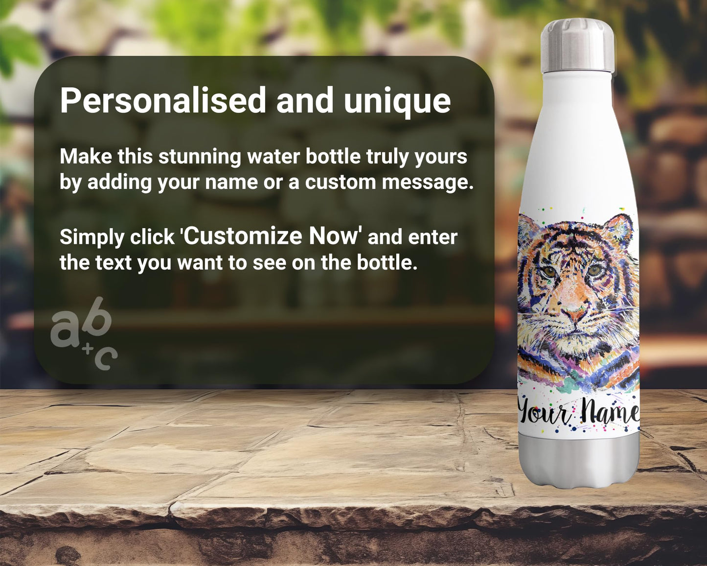 Vixar Tiger Personalised Custom Bottle with your Text/name Watercolour big cat safari Animals Bottle Double Wall Insulated Stainless Steel Sport Drinks 500ml