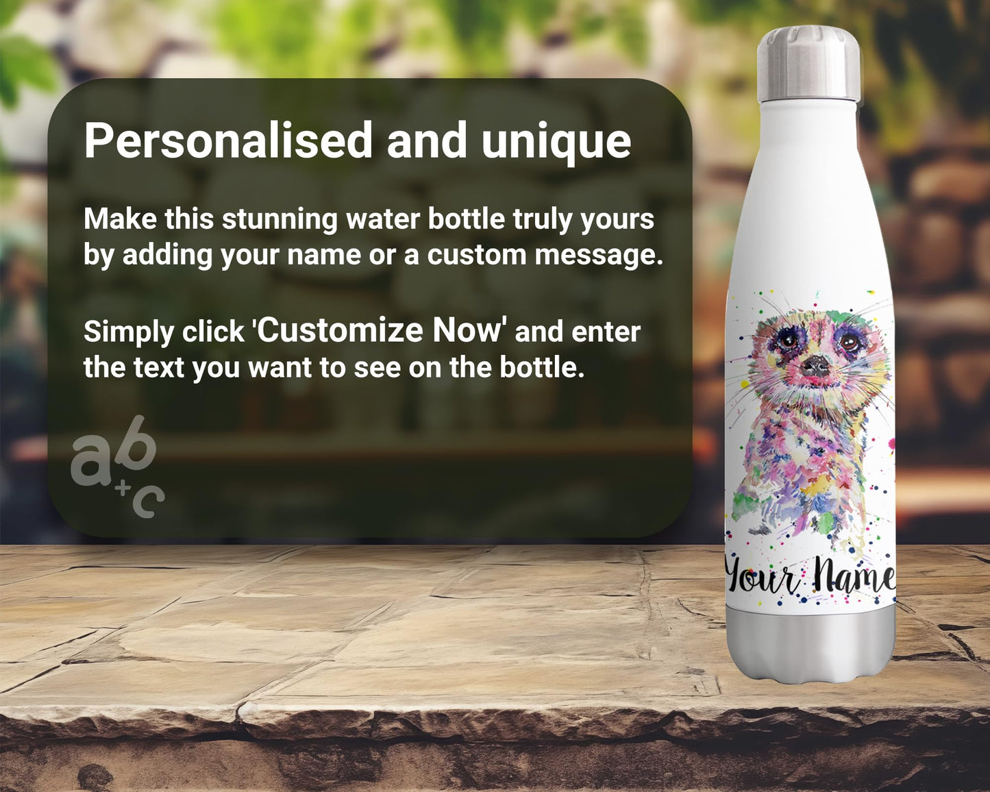 Meercat Personalised Custom Bottle with Your Text/Name Watercolour Desert Animals Bottle Double Wall Insulated Stainless Steel Sport Drinks 500ml