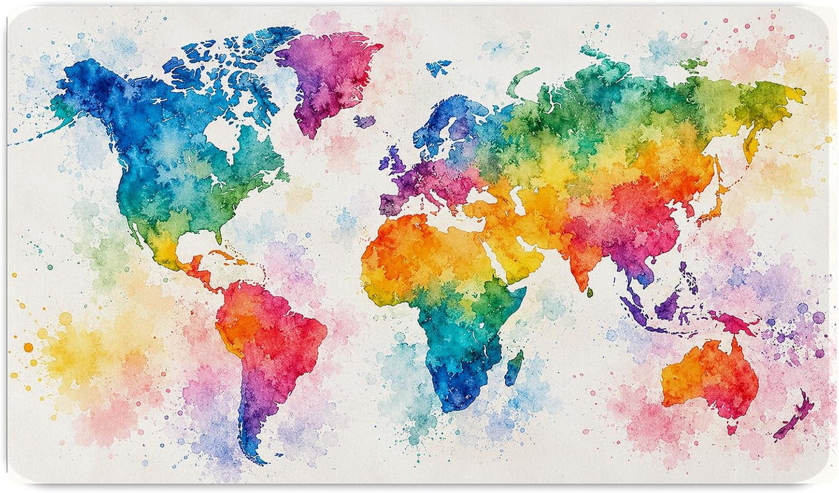 World Map Watercolour Large Desk Mat – Colourful Art Fabric Mouse Pad with 3mm Non-Slip Rubber Base, 600 x 350mm (watercolour)