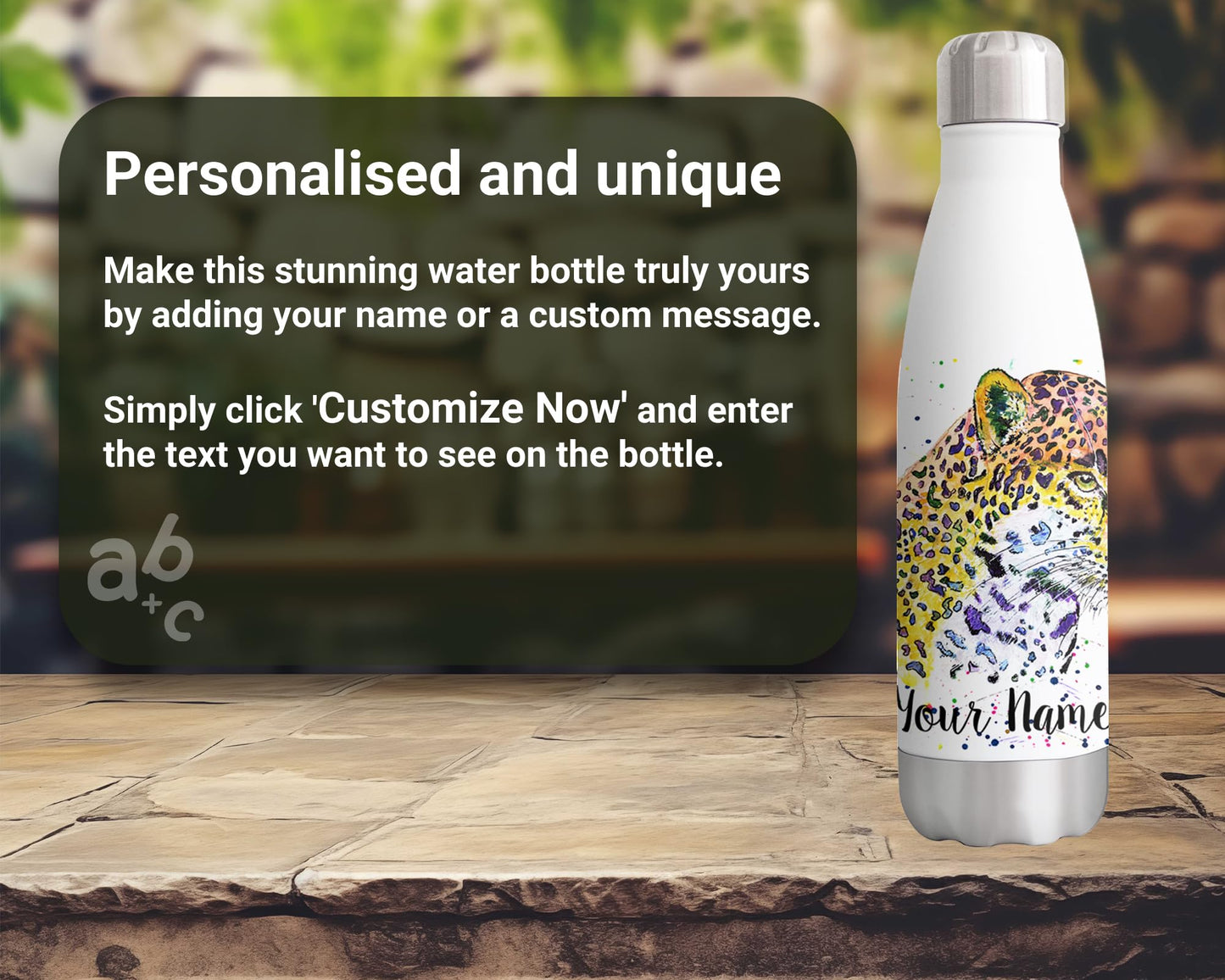 Vixar Jaguar Personalised Custom Bottle with your Text/name Safari wild animal Big Cat Panthera wotercolour Bottle Double Wall Insulated Stainless Steel Sport Drinks 500ml