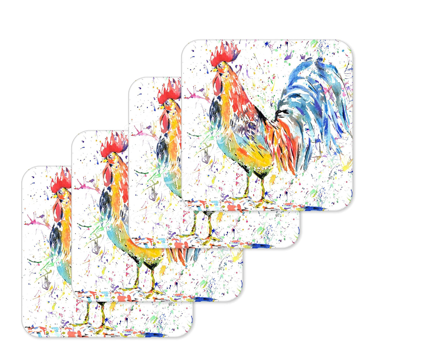 Coaster Cockerel Hen Farm Animals Coasters Watercolour Art Gift Work Office Dining Tea coffee