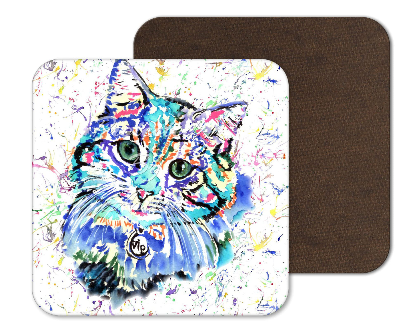 Coaster Cat Blue Feline Pet Animals Coasters Watercolour Art Gift Work Office Dining Tea coffee