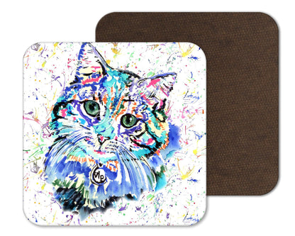 Coaster Cat Blue Feline Pet Animals Coasters Watercolour Art Gift Work Office Dining Tea coffee