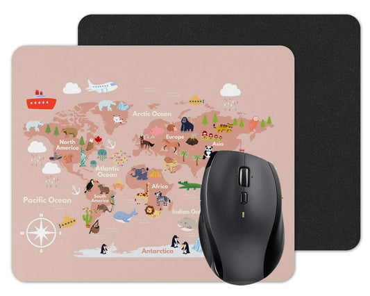 World Map, for kids with animals Mouse mat pad for UK with Holiday Non Slip PC Desktop Laptop for Home,work school office