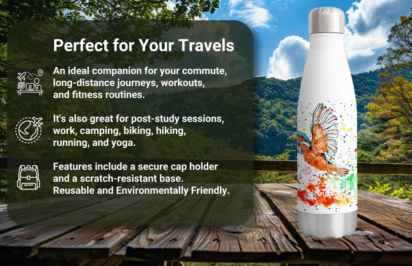 Vixar Kingfisher Bird woodland Animals Watercolour Bottle double Wall insulated Stainless steel sport Drinks 500ml