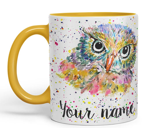 Vixar Personalised with Your Text Owl Bird Watercolour Art Coloured Ceramic Mug Cup Gift 330ml 11oz Custom Work Office Tea Coffee (O1)