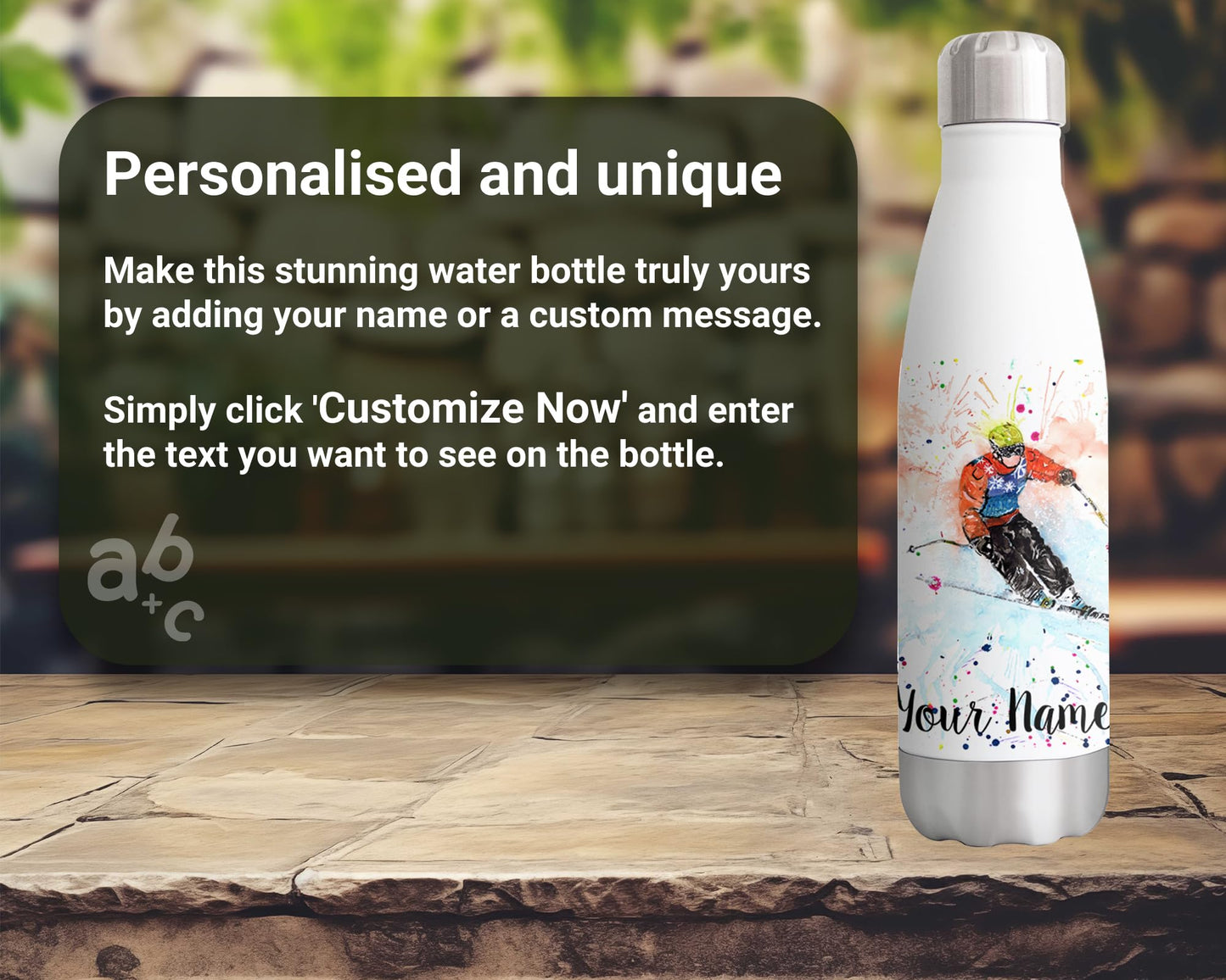 Vixar Skiing Personalised Custom Bottle with your Text/name Watercolour Ski winter sport Bottle double Wall insulated Stainless steel sport Drinks 500ml