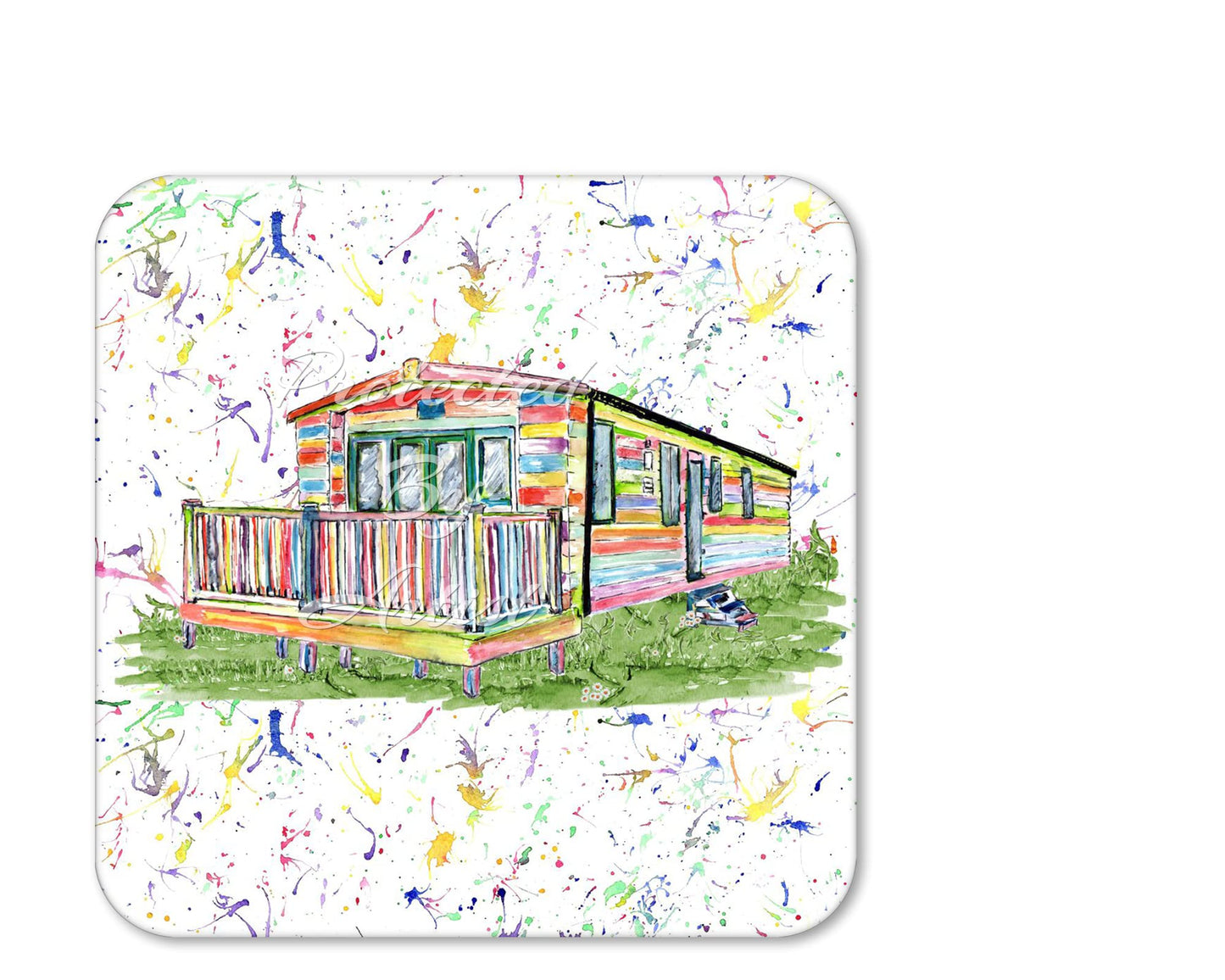Coaster Caravan Static Holiday Home Coasters Watercolour Art Gift Work Office Dining Tea coffee