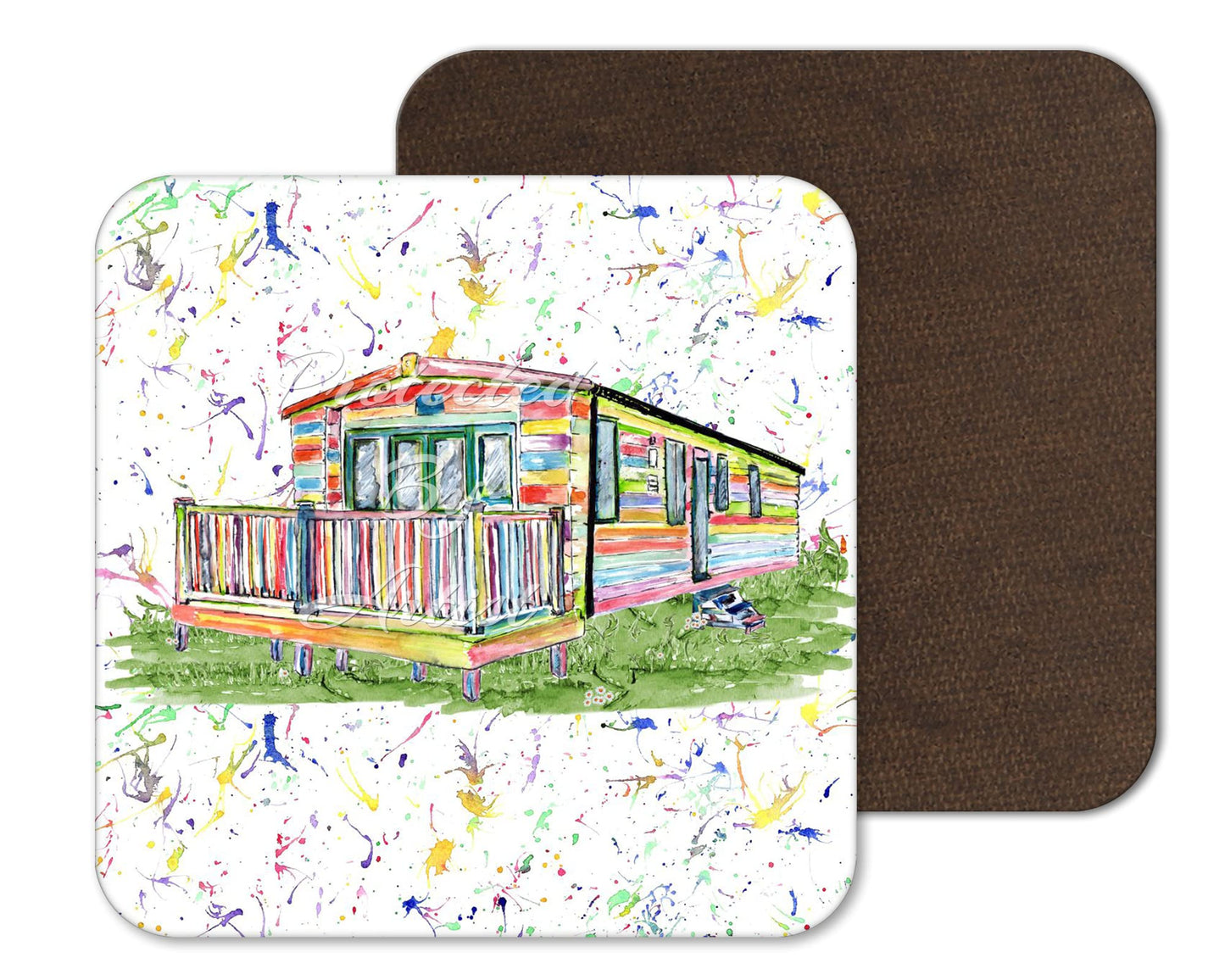 Coaster Caravan Static Holiday Home Coasters Watercolour Art Gift Work Office Dining Tea coffee