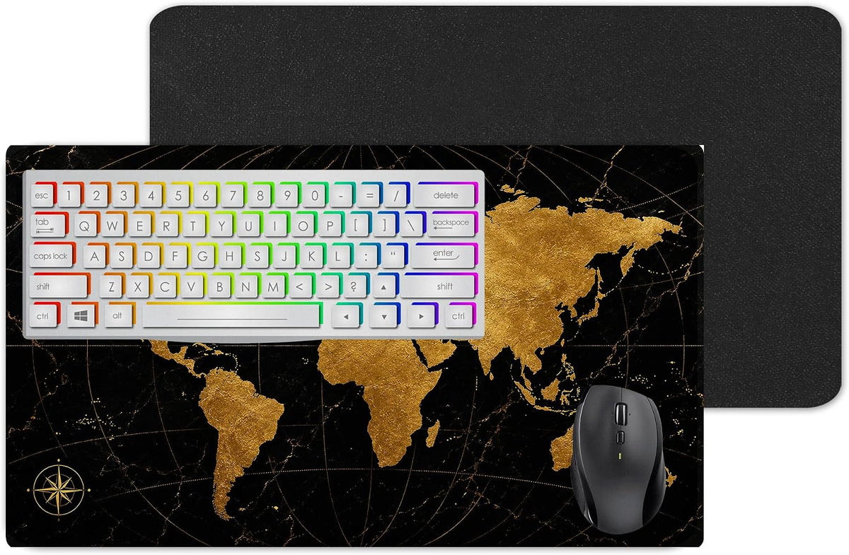 Vixar Black Gold World Map Large Desk Mat – Luxury Marble Style Fabric Mouse Pad with 3mm Non-Slip Rubber Base, 600 x 350mm
