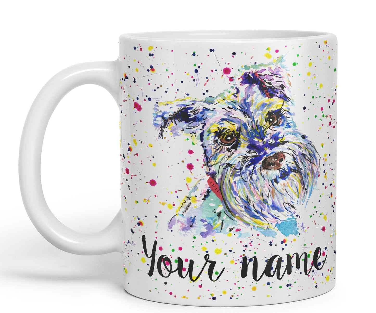 Personalised mug with Your Text name Schnauzer Terrier Dog Pet animals Watercolour Art Coloured Ceramic Mug Cup Gift 330ml 11oz Custom Work Office Tea Coffee