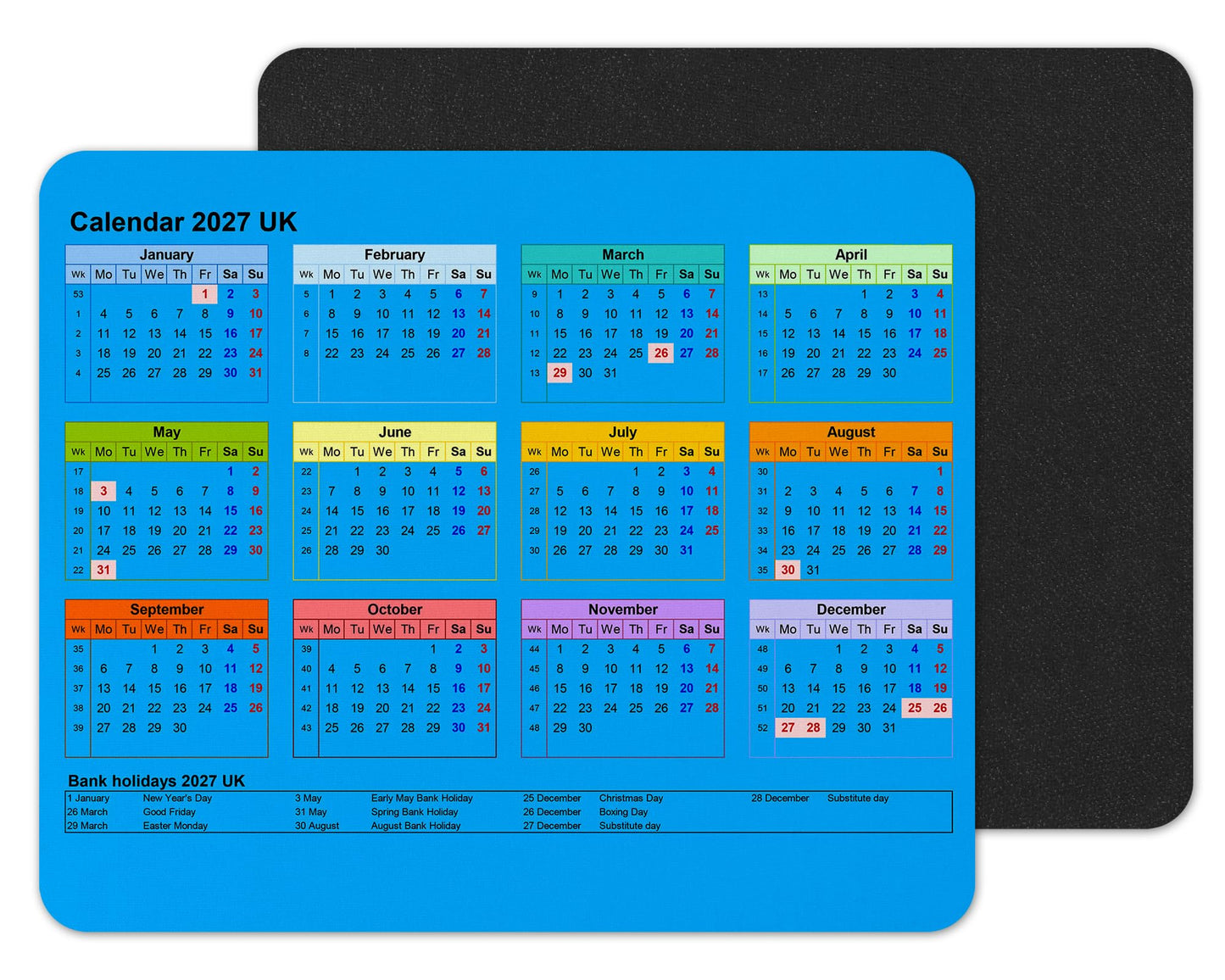 Vixar Calendar 2027 Mouse mat pad for UK with Holiday Non Slip PC Desktop Laptop for office school work home (White)