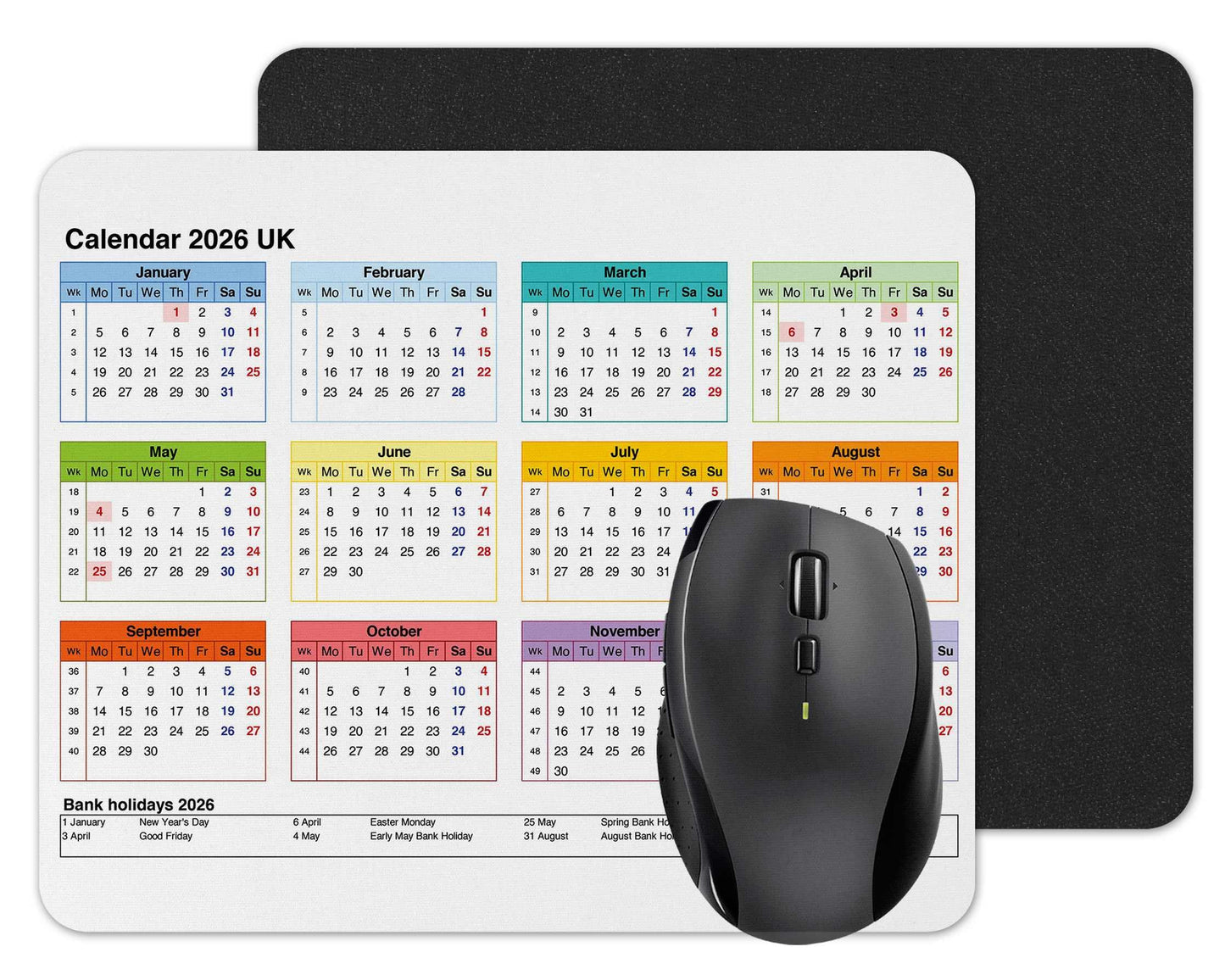 Vixar Calendar 2026 Mouse mat pad for UK with Holiday Non Slip PC Desktop Laptop for office school work home
