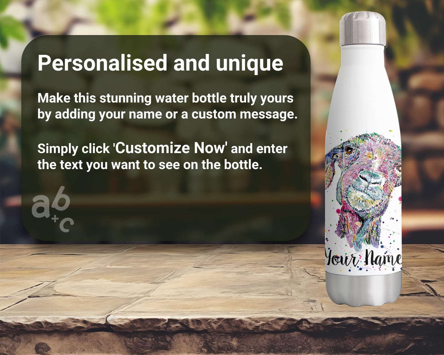 Vixar Goat Personalised Custom Bottle with your Text/name Watercolour farm animals Bottle double Wall insulated Stainless steel sport Drinks 500ml