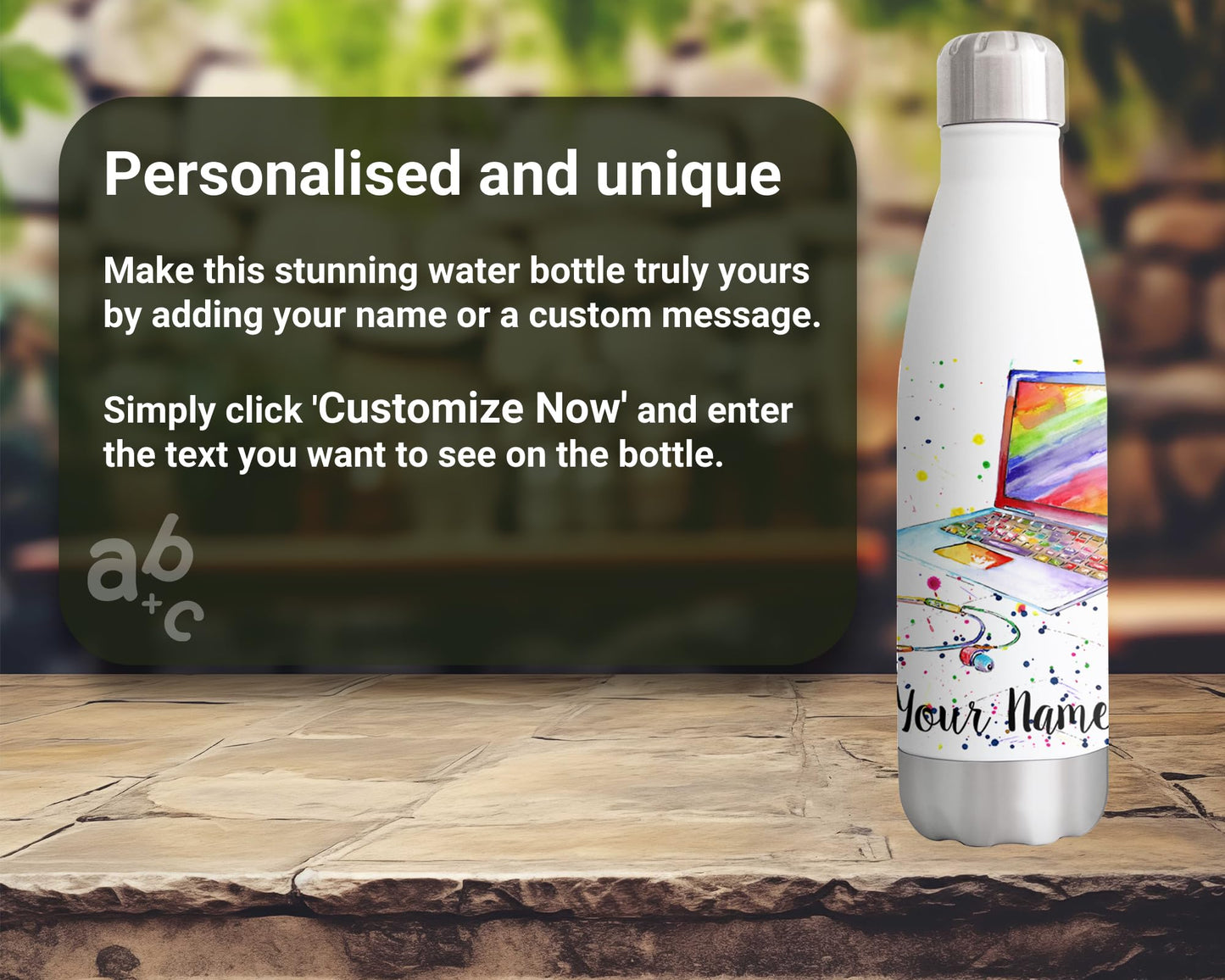 Techie Personalised Custom Bottle with Your Text/Name Watercolour lapton Mobile Smartphone Bottle Double Wall Insulated Stainless Steel Sport Drinks 500ml