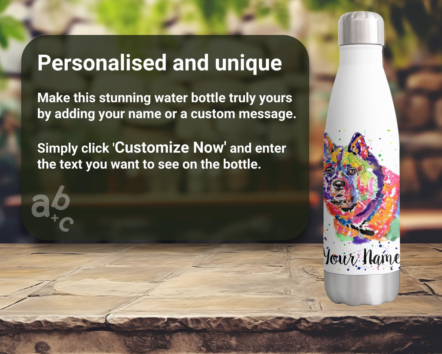 Vixar Personalised Custom Bottle with your Text/name Akita Dog pet Double Wall Insulated Stainless Steel Sport Drinks 500ml