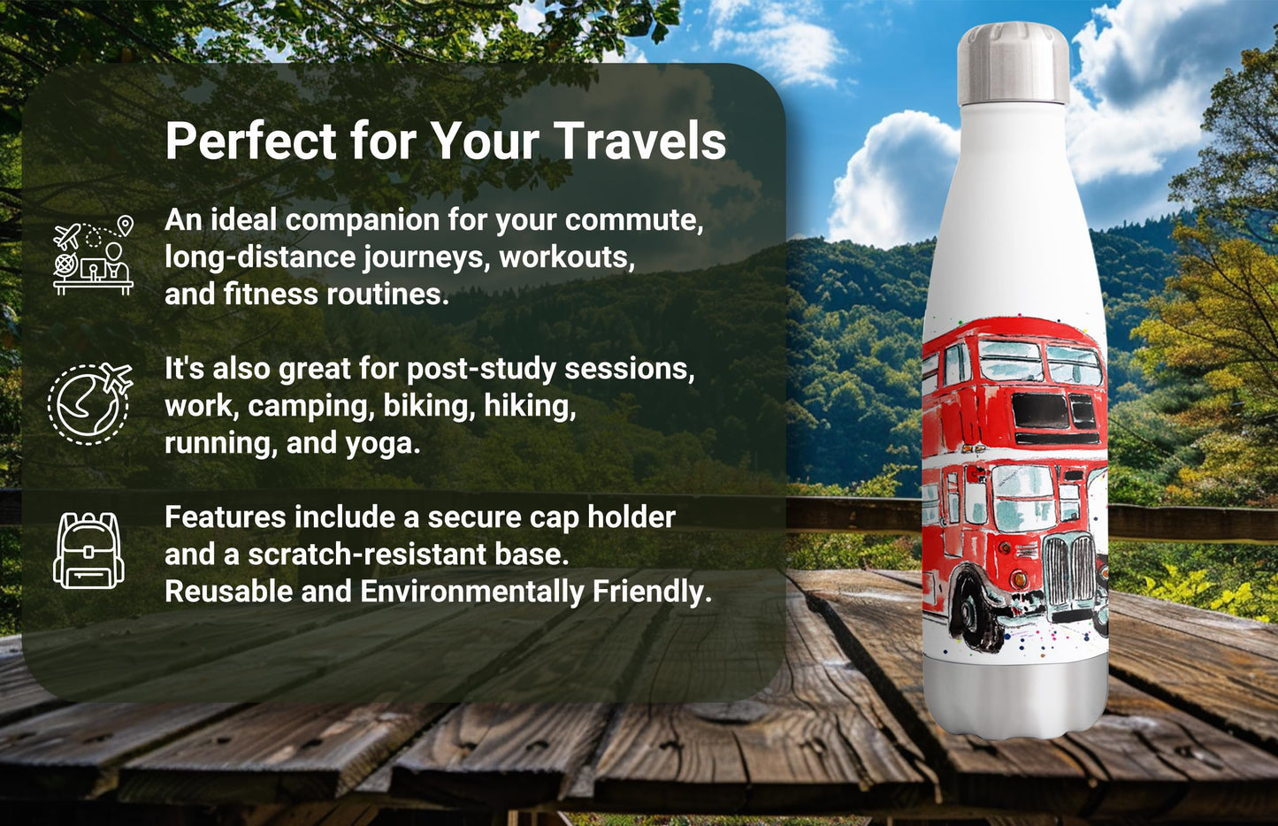 Vixar Bus Red London busses Watercolour Bottle double Wall insulated Stainless steel sport Drinks 500ml