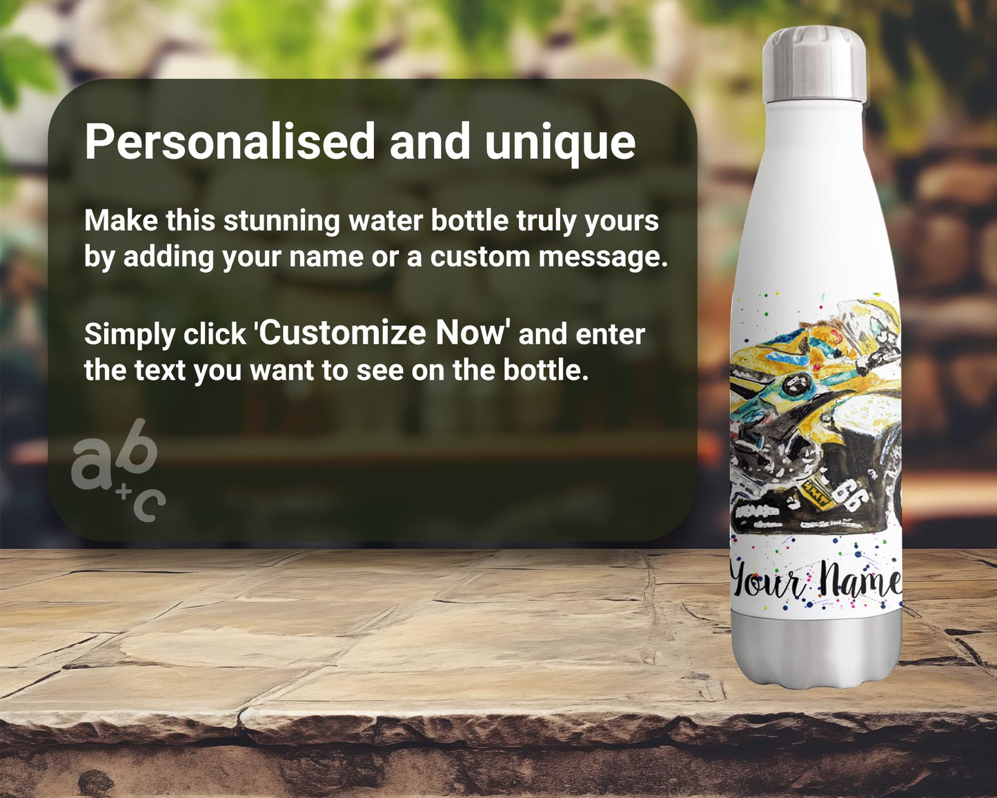 Vixar Motorbike Personalised Custom Bottle with your Text/name Watercolour Motocycle Bottle Double Wall Insulated Stainless Steel Sport Drinks 500ml