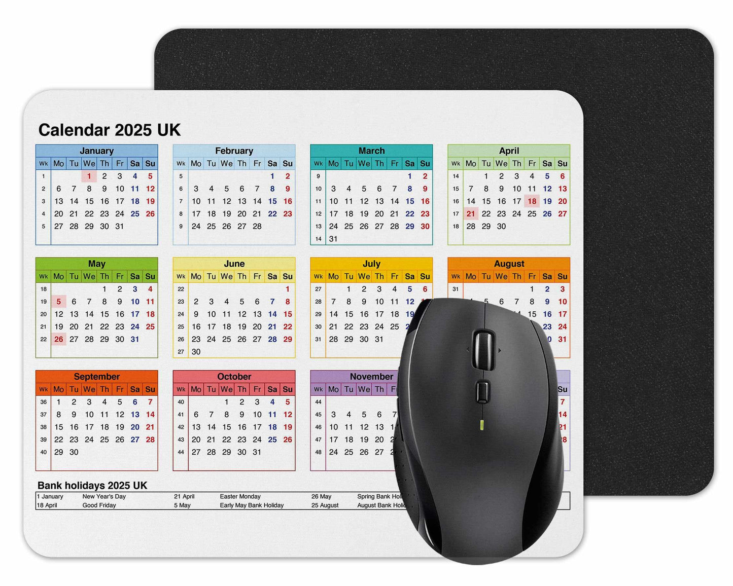 Vixar Calendar 2025 Mouse mat pad for UK with Holiday Non Slip PC Desktop Laptop for Office home work