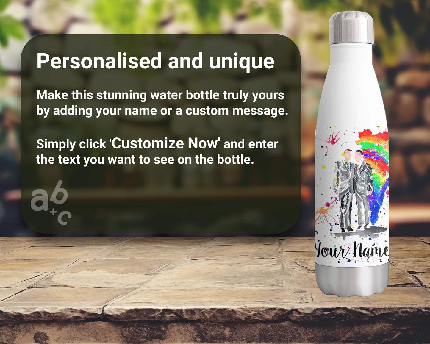 Vixar Wedding Mr and Mr Personalised Custom Bottle with your Text/name Watercolour Art Pride Gay Bottle double Wall insulated Stainless steel sport Drinks 500ml