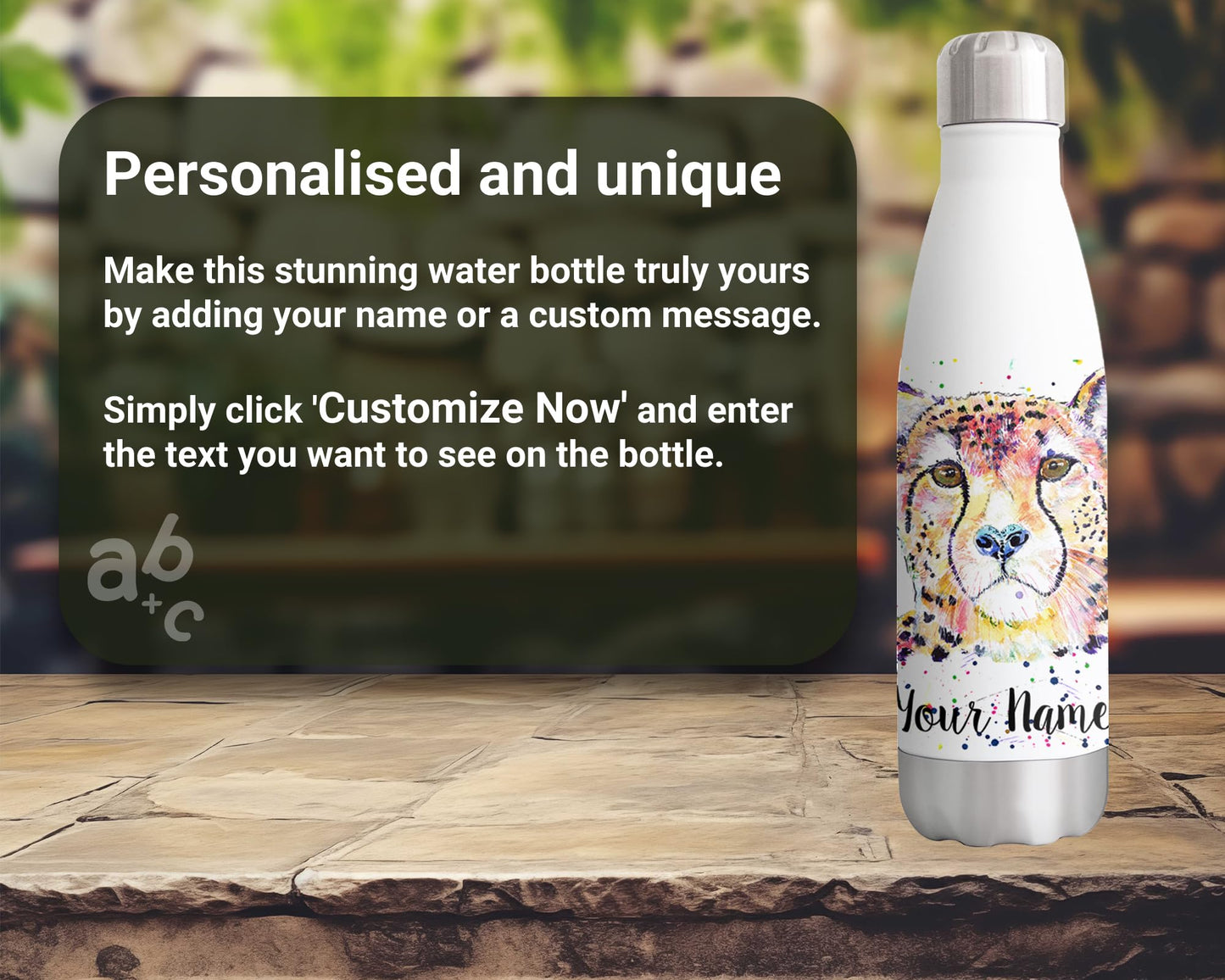 Vixar Cheetah Personalised Custom Bottle with your Text/name Big Cat safari Animals Watercolour Art animals Bottle double Wall insulated Stainless steel sport Drinks 500ml