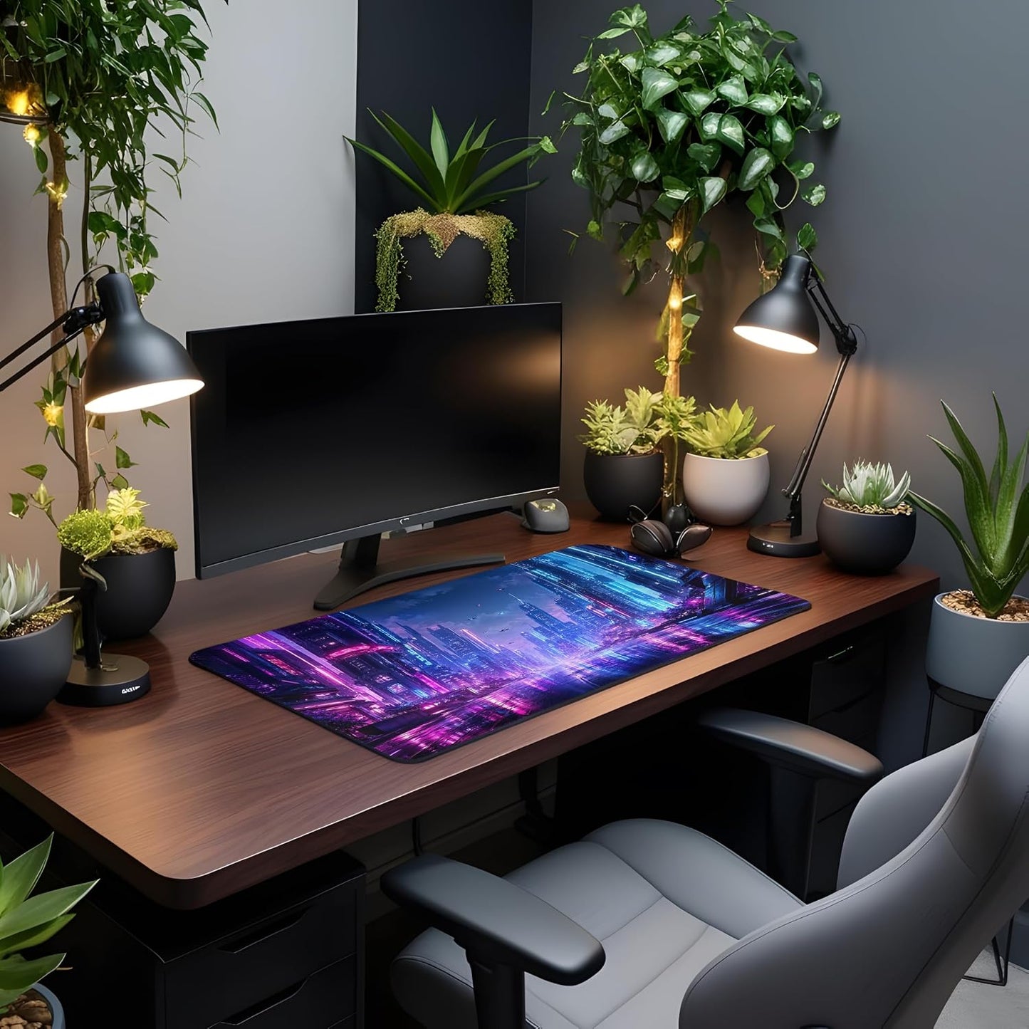 Vixar Cyberpunk Neon City Large Desk Mat – Futuristic Night Fabric Mouse Pad with 3mm Non-Slip Rubber Base, 600 x 350mm