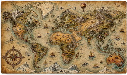 Antique Nautical World Map Large Desk Mat – Vintage Parchment Fabric Mouse Pad with 3mm Non-Slip Rubber Base, 600 x 350mm (Antique)