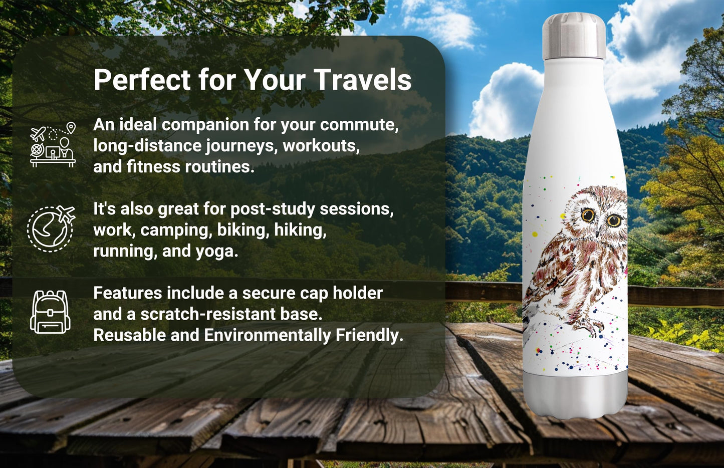 Vixar Owls owl Animals Watercolour Bottle double Wall insulated Stainless steel sport Drinks 500ml v2