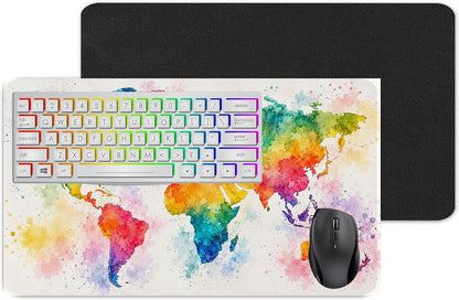 World Map Watercolour Large Desk Mat – Colourful Art Fabric Mouse Pad with 3mm Non-Slip Rubber Base, 600 x 350mm (watercolour)