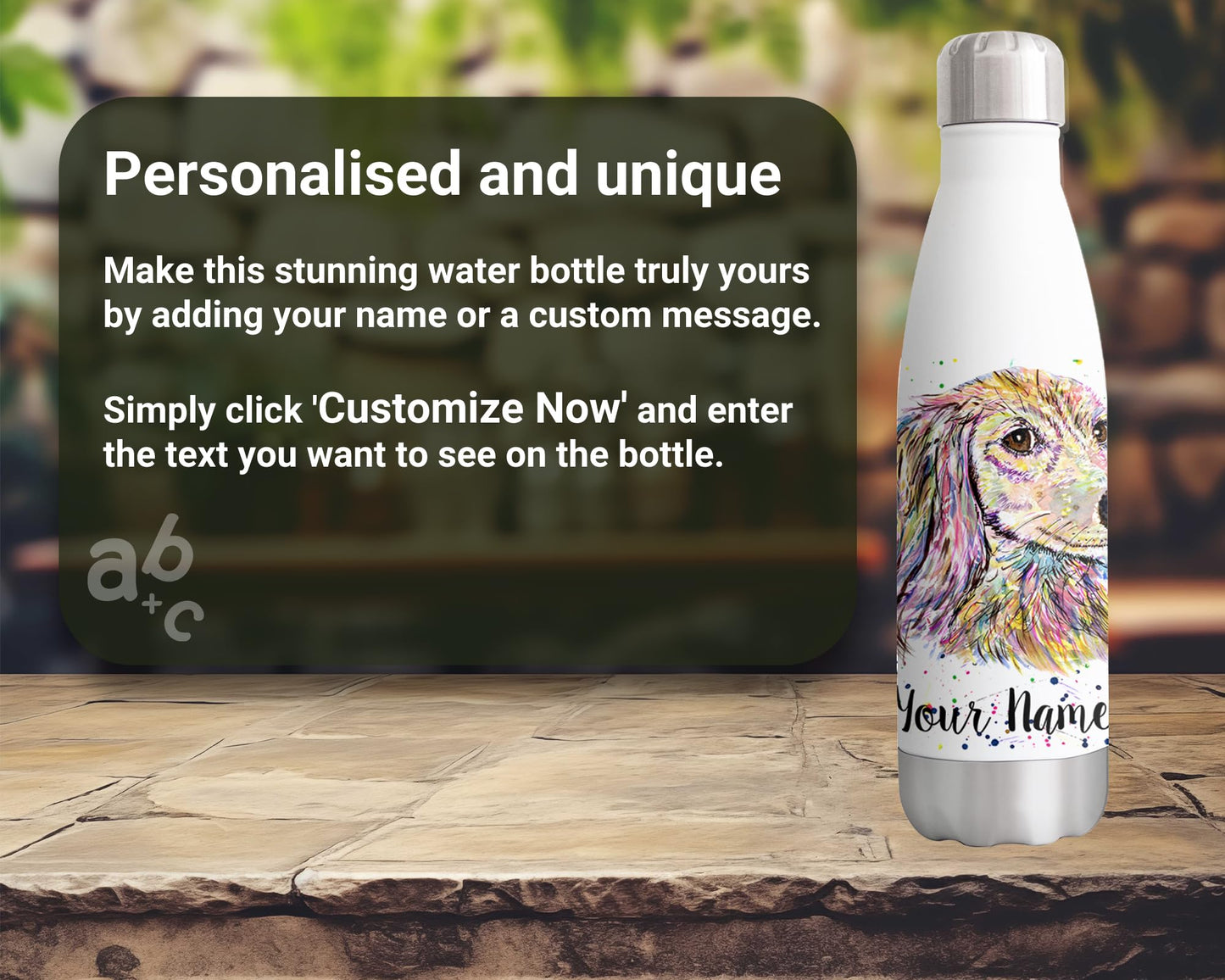 Dachshund Long Hair Personalised Custom Bottle with Your Text/Name Sausage Dog Wiener pet Watercolour Animals Bottle Double Wall Insulated Stainless Steel Sport Drinks 500ml