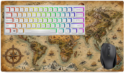 Antique Nautical World Map Large Desk Mat – Vintage Parchment Fabric Mouse Pad with 3mm Non-Slip Rubber Base, 600 x 350mm (Antique)