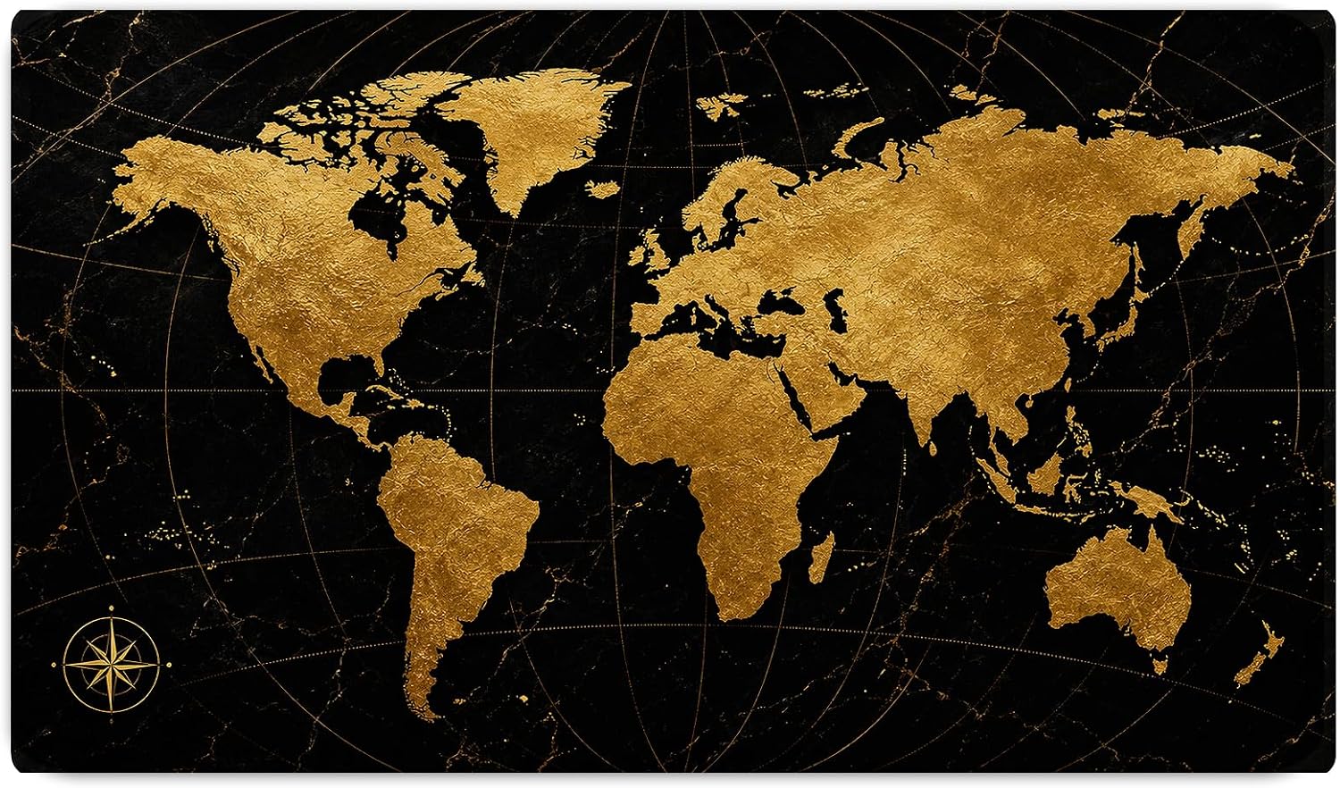 Vixar Black Gold World Map Large Desk Mat – Luxury Marble Style Fabric Mouse Pad with 3mm Non-Slip Rubber Base, 600 x 350mm