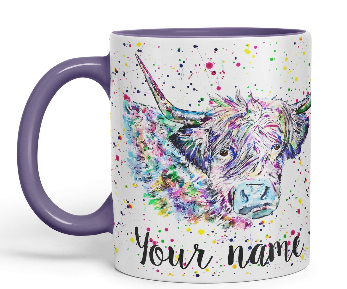 Vixar Personalised with Your Text Highland Cow Scottish Farm Animals Watercolour Art Coloured Mug Cup Gift Birthday Custom Work Office Tea Coffee (P02)