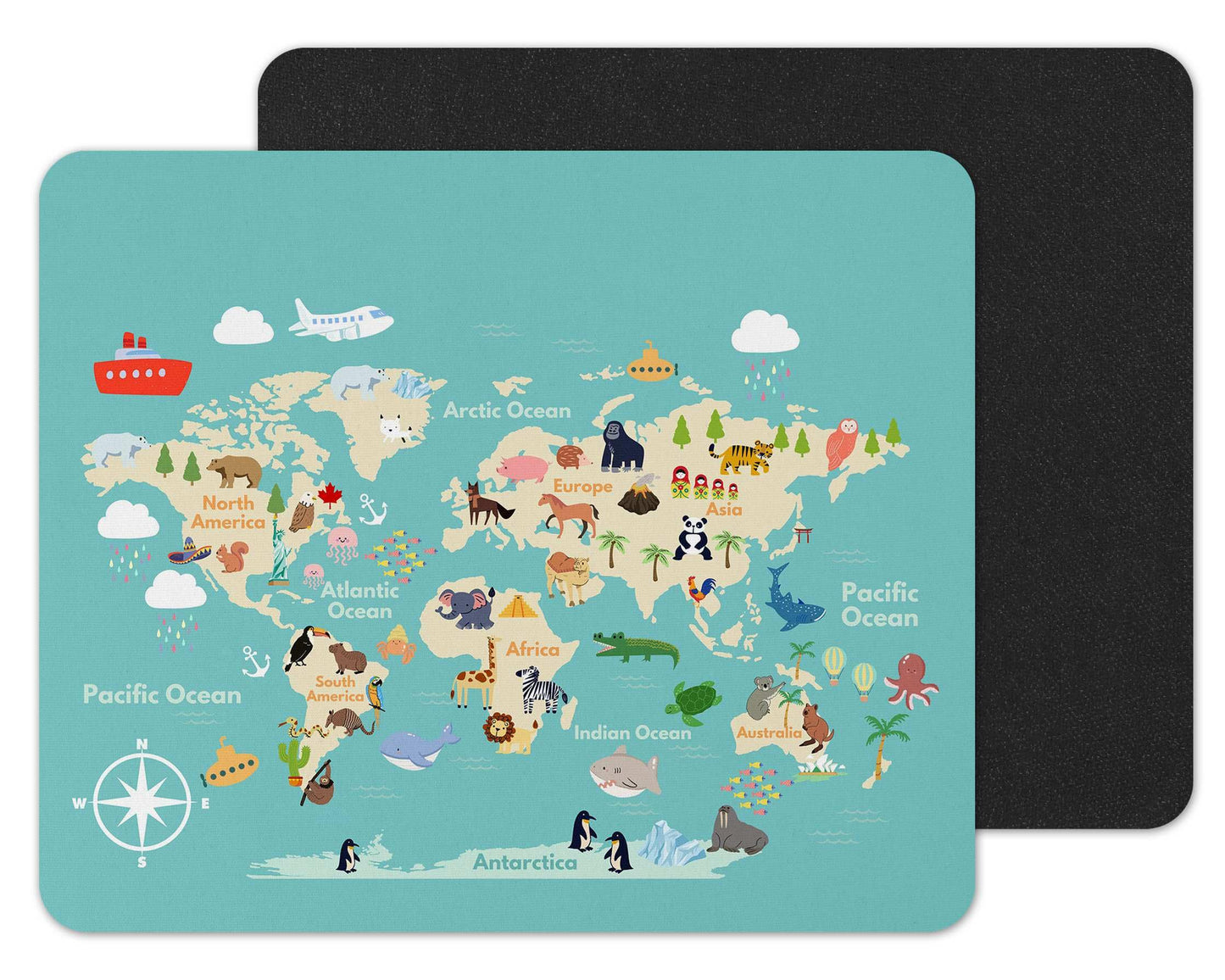 World Map, for kids with animals Mouse mat pad for UK with Holiday Non Slip PC Desktop Laptop for Home,work school office