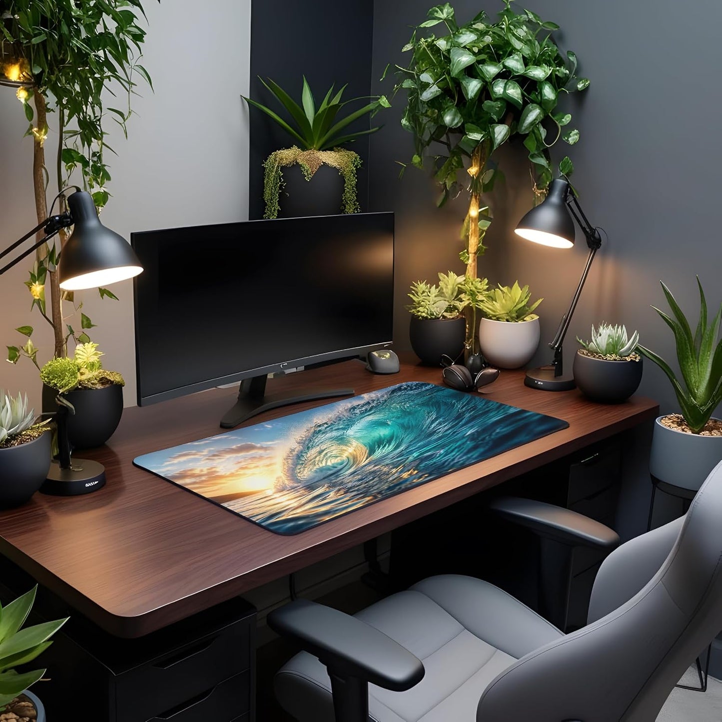 Ocean Wave at Sunset Large Desk Mat – Dramatic Coastal Fabric Mouse Pad with 3mm Non-Slip Rubber Base, 600 x 350mm (Wave)