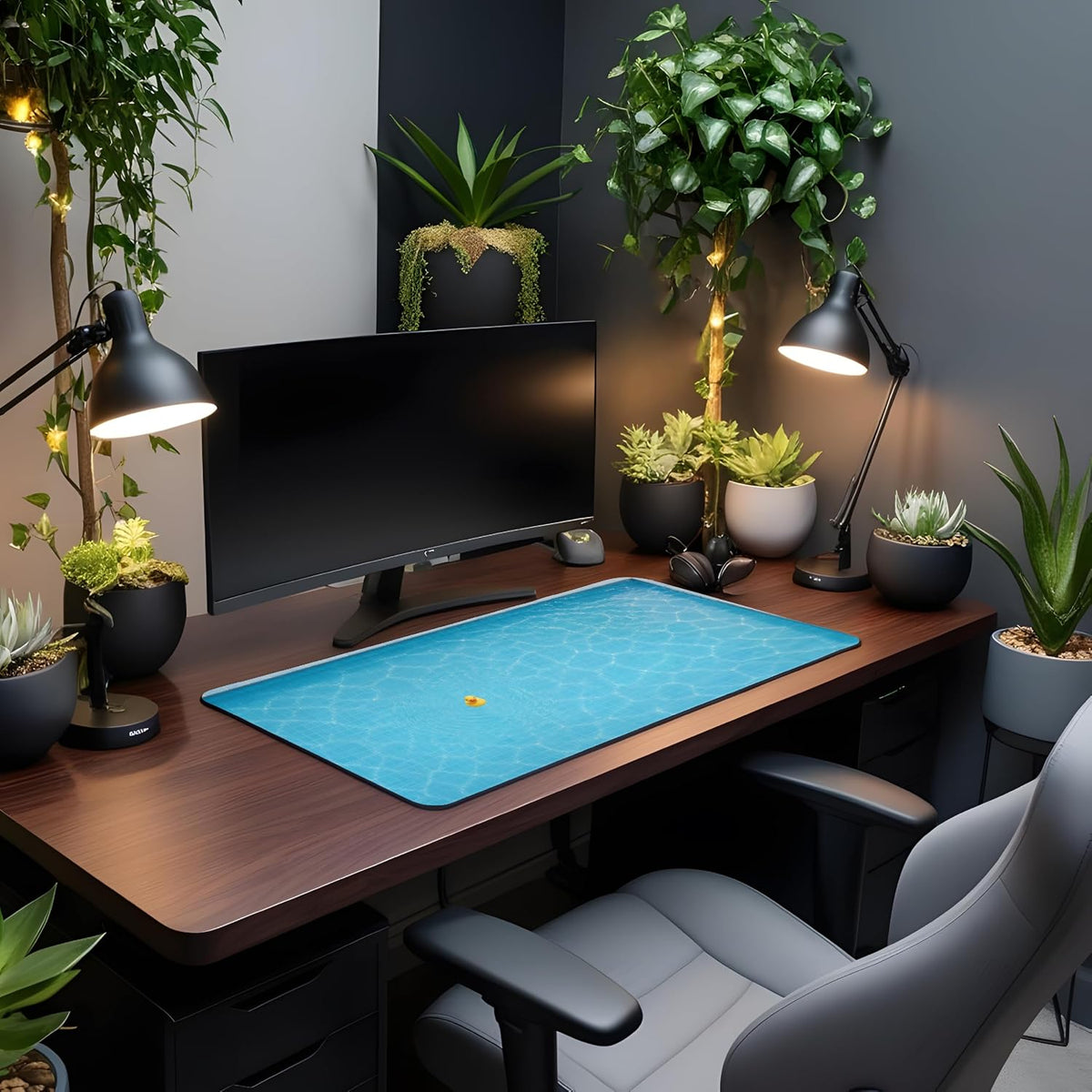 Vixar Minimal Rubber Duck Pool Large Desk Mat – Blue Tiled Swimming Pool Fabric Mouse Pad with 3mm Non-Slip Rubber Base, 600 x 350mm