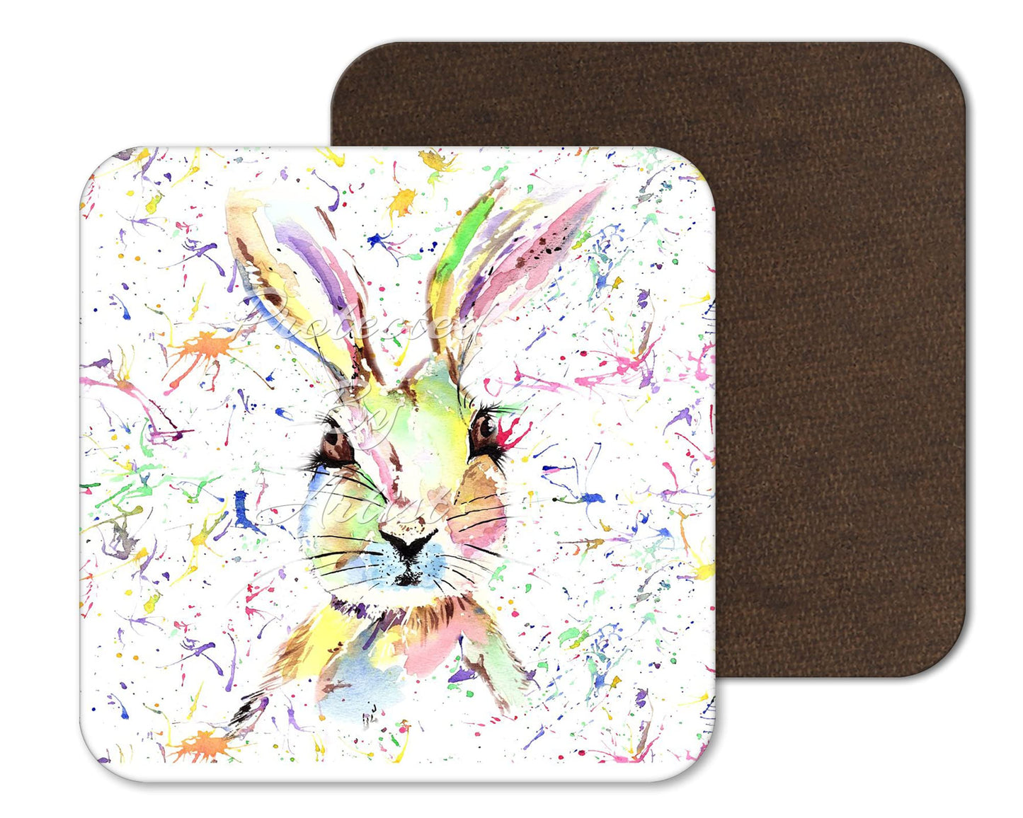 Coaster Hare Bunny Rabbit Wildlife Black white Animals Coasters Watercolour Art Gift Work Office Dining Tea coffee