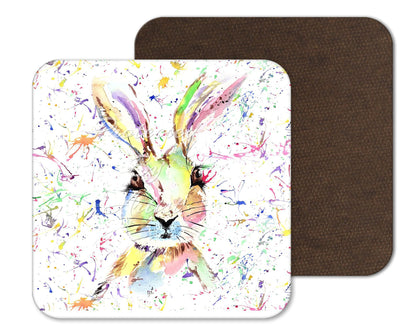 Coaster Hare Bunny Rabbit Wildlife Black white Animals Coasters Watercolour Art Gift Work Office Dining Tea coffee