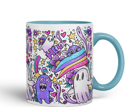 Vixar Hello Cool Kawaii Ghosts Coloured Ceramic Mug Cup Gift 330ml 11oz Work Office Tea Coffee