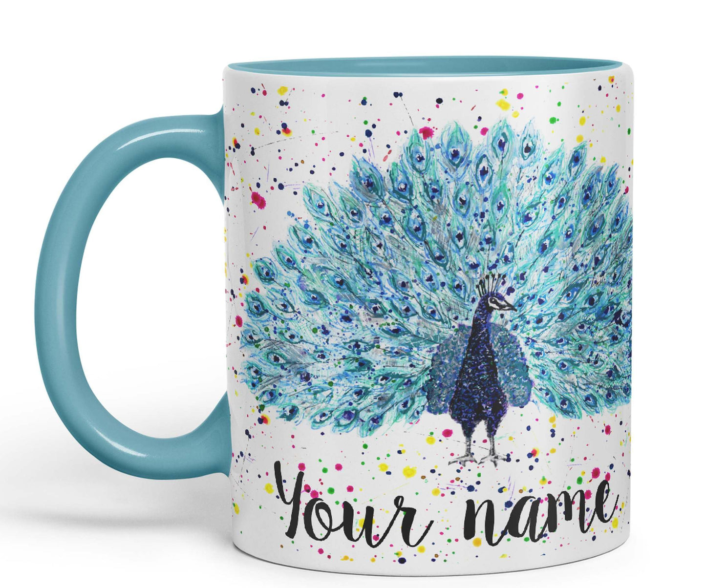 Vixar Personalised with Your Text Peacock Peafowl Bird Watercolour Art Coloured Ceramic Mug Cup Gift 330ml 11oz Custom Work Office Tea Coffee (O2)