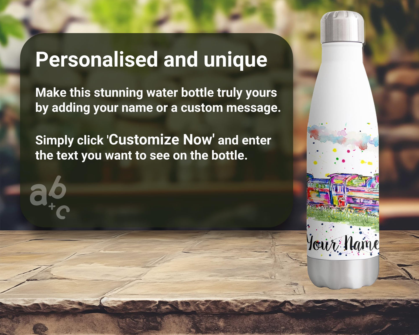 Vixar Steam Train Personalised Custom Bottle with your Text/name Watercolour Bottle double Wall insulated Stainless steel sport Drinks 500ml