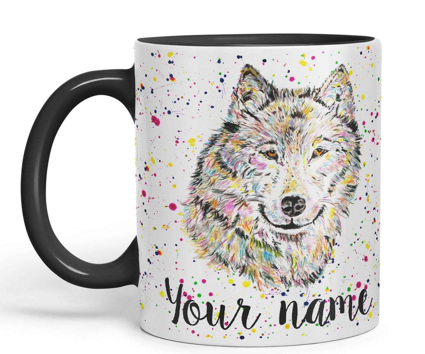 Vixar Personalised with Your Text Wolf Wolves Wildlife Animals Watercolour Art Coloured Ceramic Mug Cup Gift 330ml 11oz Custom Work Office Tea Coffee (O2)