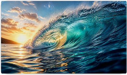 Ocean Wave at Sunset Large Desk Mat – Dramatic Coastal Fabric Mouse Pad with 3mm Non-Slip Rubber Base, 600 x 350mm (Wave)