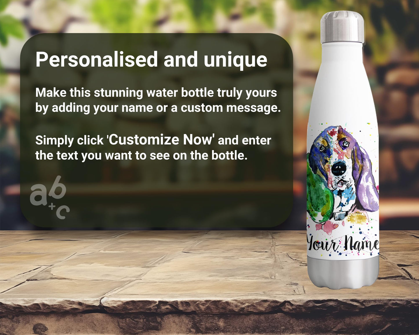 Basset Personalised Custom Bottle with Your Text/Name Dog Hound Pet Watercolour Animals Bottle Double Wall Insulated Stainless Steel Sport Drinks 500ml