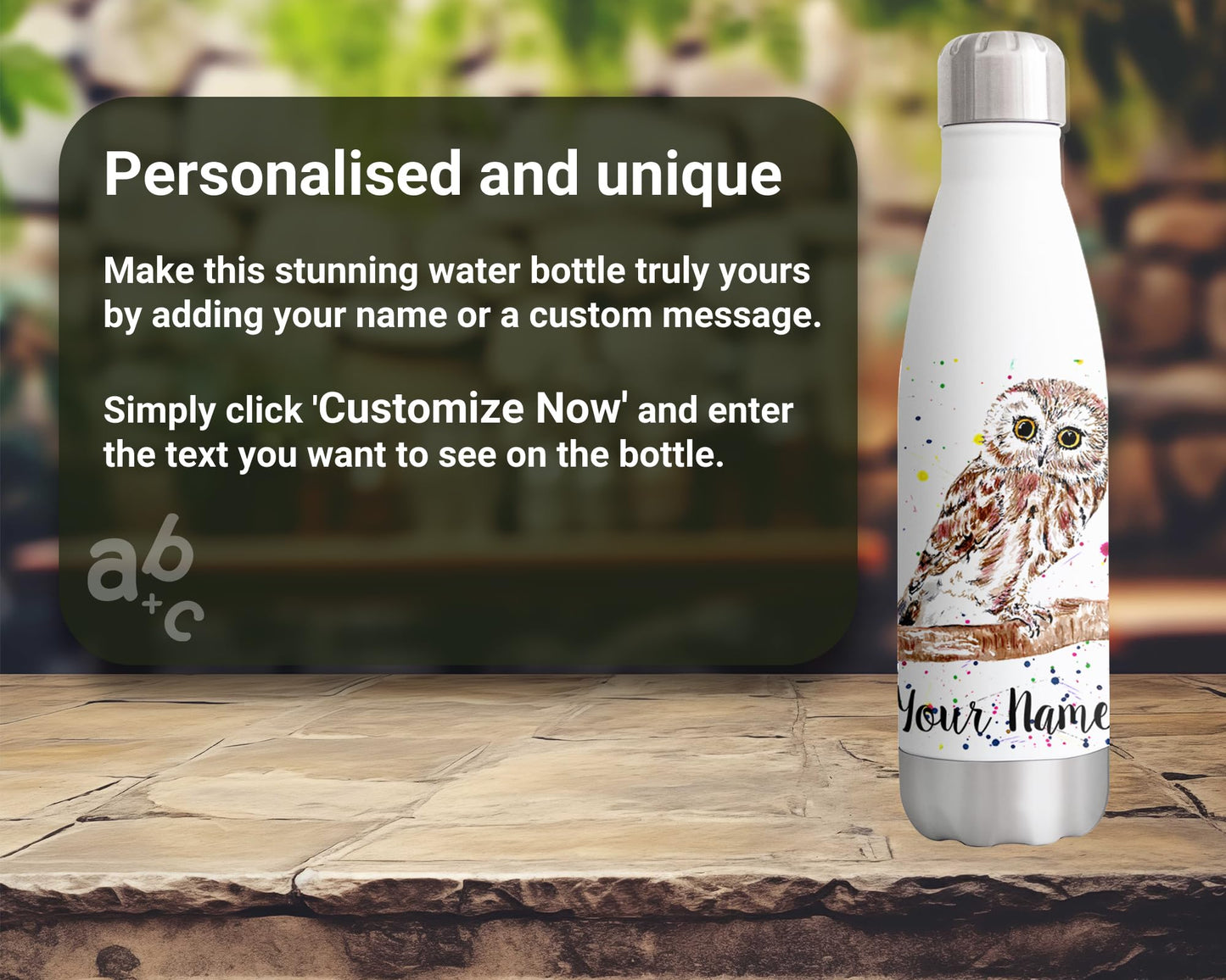 Vixar Owl Personalised Custom Bottle with your Text/name Watercolour owls Bird Animals Bottle Double Wall Insulated Stainless Steel Sport Drinks 500ml V2