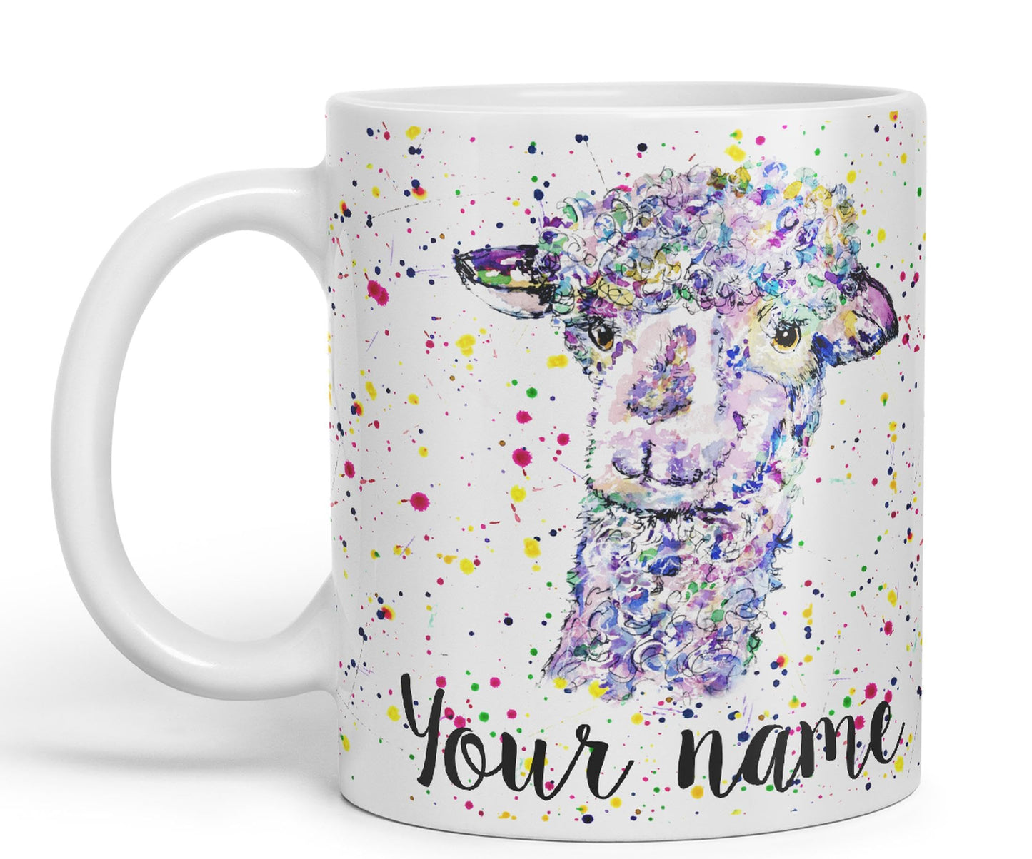 Vixar Personalised with Your Text Llama glama Animals Watercolour Art Coloured Ceramic Mug Cup Gift 330ml 11oz Custom Work Office Tea Coffee